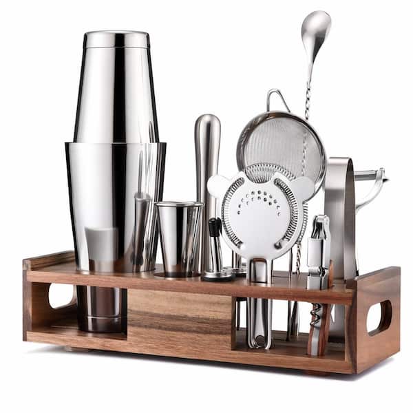 15-Piece Stainless Steel Cocktail Shaker Bartender Kit with Wooden Stand Boston Shaker Mixing Tools Set