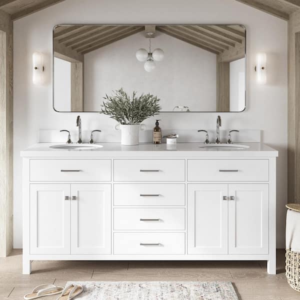 ARIEL Bristol 73 in. W x 22 in. D x 36 in . H Double Freestanding Bath Vanity in White with Pure White Quartz Top