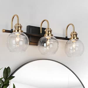 Modern 22 in. 3-Light Black Bathroom Vanity Light, Powder Room Rustic Vanity Light, Clear Glass Brass Gold Wall Light