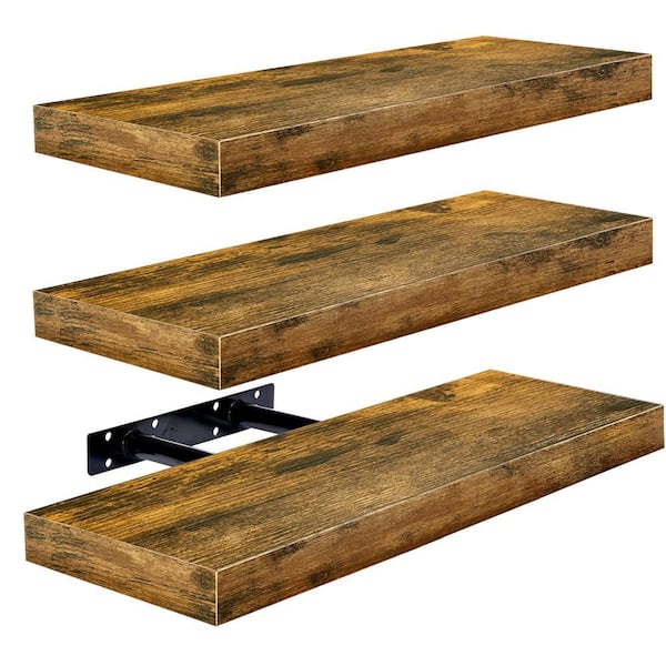 Set of 3 Floating Shelves, Wall Mounted for Home Decor, 16.25 in. W x 5.5 in. D Walnut Wood Decorative Wall Shelf