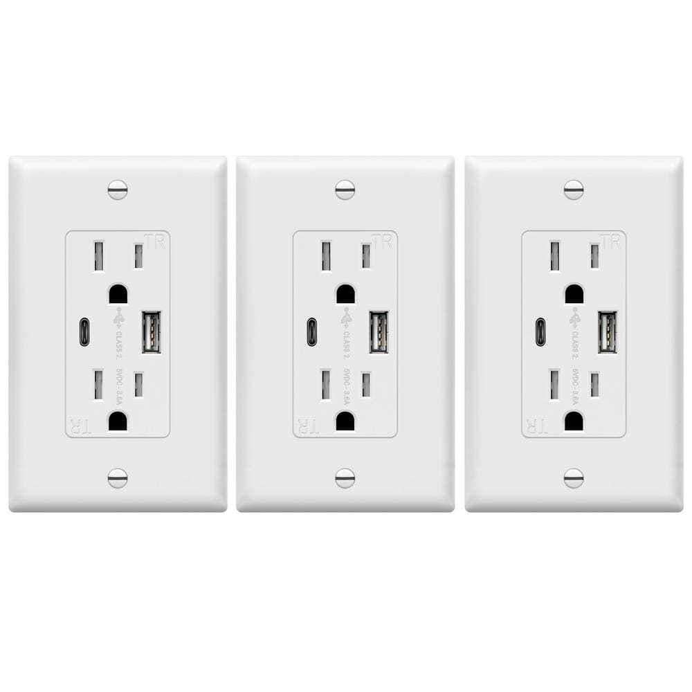 TOPGREENER 3.6 Amp USB-C Wall Duplex Outlet Charger with Wall Plate in White (3-Pack) -  TU21536AC-WWP3P