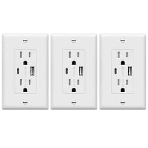 3.6 Amp USB-C Wall Duplex Outlet Charger with Wall Plate in White (3-Pack)