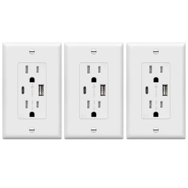 TOPGREENER 3.6 Amp USB-C Wall Duplex Outlet Charger with Wall Plate in White (3-Pack)