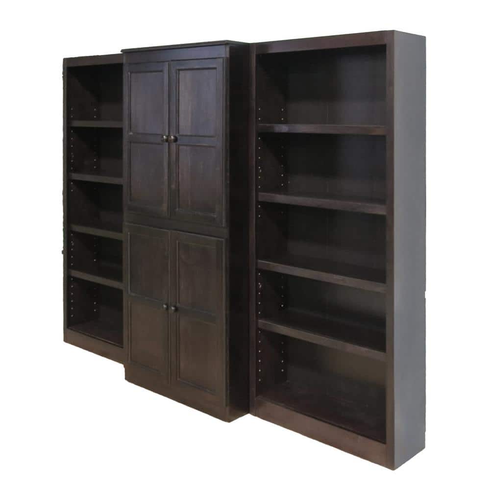 Espresso Finish Adjustable Wood Bookcase Wall with Doors, 72" Tall