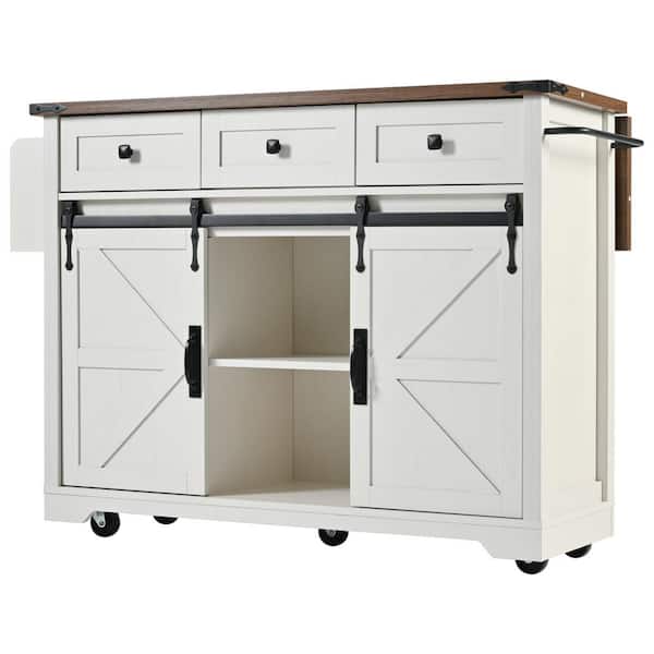 Nestfair White Wood 53.8 in. Kitchen Island with Power Outlet, Drop Leaf and Drawers