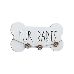 Fur Babies Bone Shaped Whitewahed Wood Dog Plaque with 3 Natural Wood Paw Print Clips Decorative Sign
