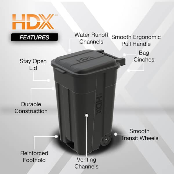 45 Gal. Black Outdoor Vented Trash Can with Wheels, Attached Lid (2-Pack)