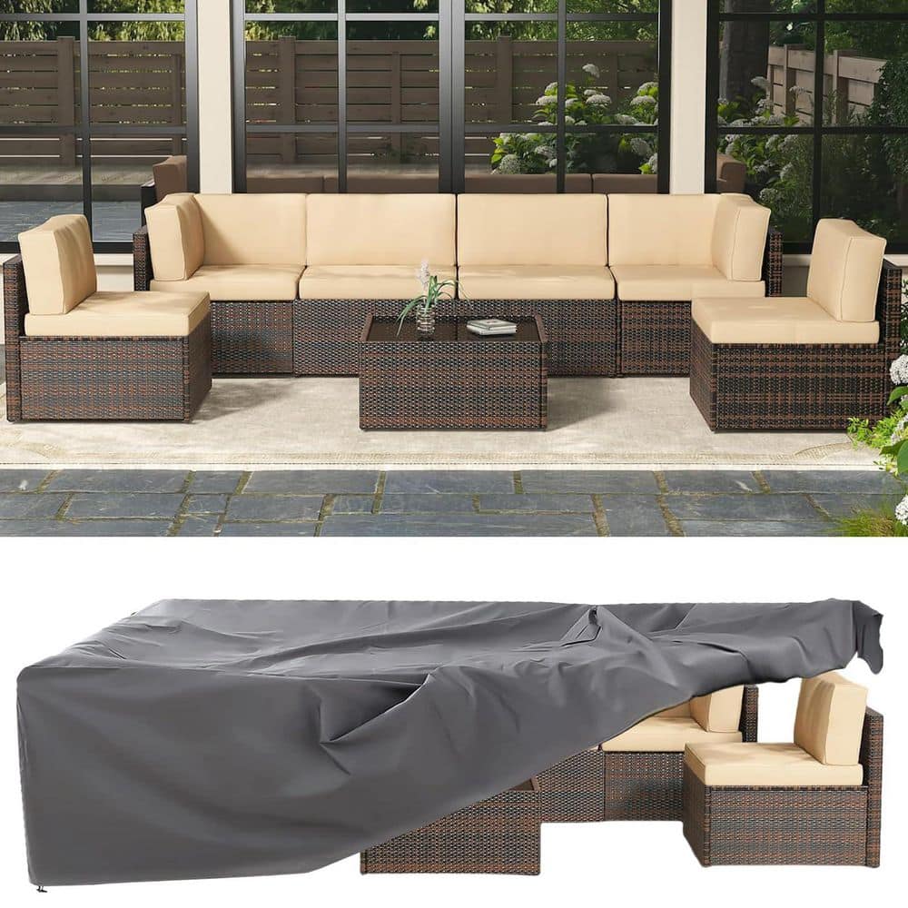 8-Piece Wicker Outdoor Conversation Set Patio Sectional Sofa Set with Brown Rattan and Beige Cushion