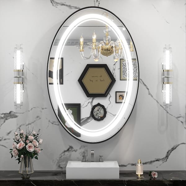 KeonJinn 24 in. W x 36 in. H Large Oval Framed Anti-Fog 3-Color Dimmable LED Wall Mount Bathroom Vanity Mirror in Black