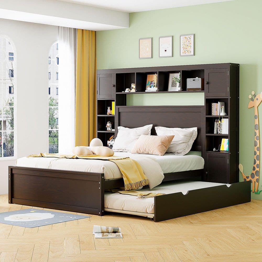 Simona Brown Wood Frame Queen Size Platform Bed with All-in-One Cabinet, Shelf, Sockets, Drawers, Trundle, Espresso
