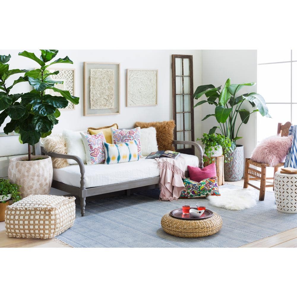 Natural Fiber White and Beige Woven Pouf
