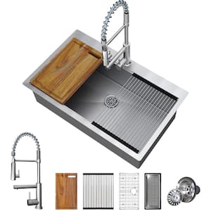 33 in. Drop-In Single Bowl 18 Gauge Silver Stainless Steel Kitchen Sink with Workstation