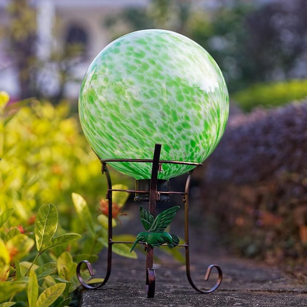 OGETFUUR 10 in. Decorative Garden Green Glass Gazing Ball, Solar