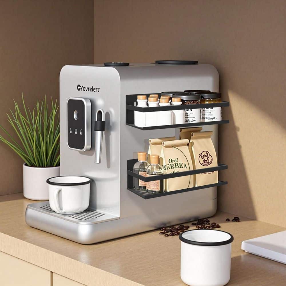 Wudkey Cut Out 2-Tier Black Magnetic Mount Floating Spice Rack for ...