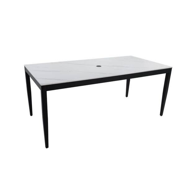 Monterosso Ember Black Rectangular White Greek Sintered Stone Aluminum Outdoor Dining Table with Umbrella Hole