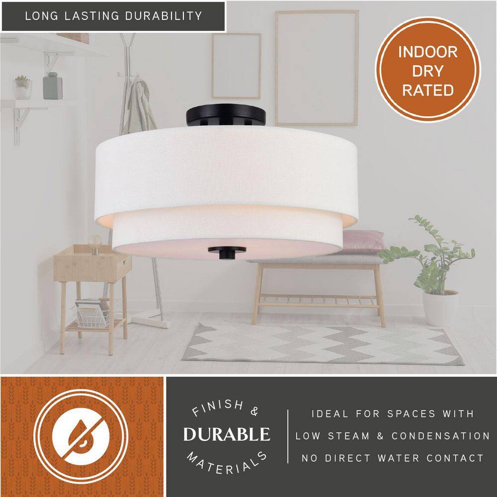 Burnaby 16" Black and White Linen Drum Semi Flush Mount Ceiling Light