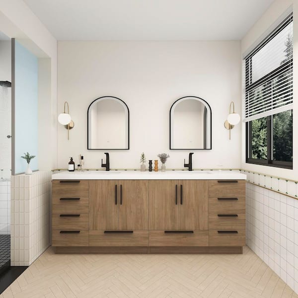 Carla 84 in. W x 20 in. D x 35 in. H Double Sink Freestanding Bath Vanity in Dark French Oak with White Acrylic Top