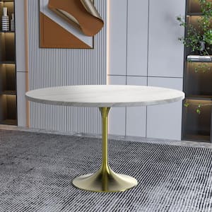 Verve Mid-Century Modern 48 in. Round Dining Table with Stone Top and Brushed Gold Pedestal Base (White)