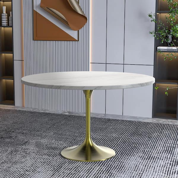 Leisuremod Verve Mid-Century Modern 48 in. Round Dining Table with Stone Top and Brushed Gold Pedestal Base (White)