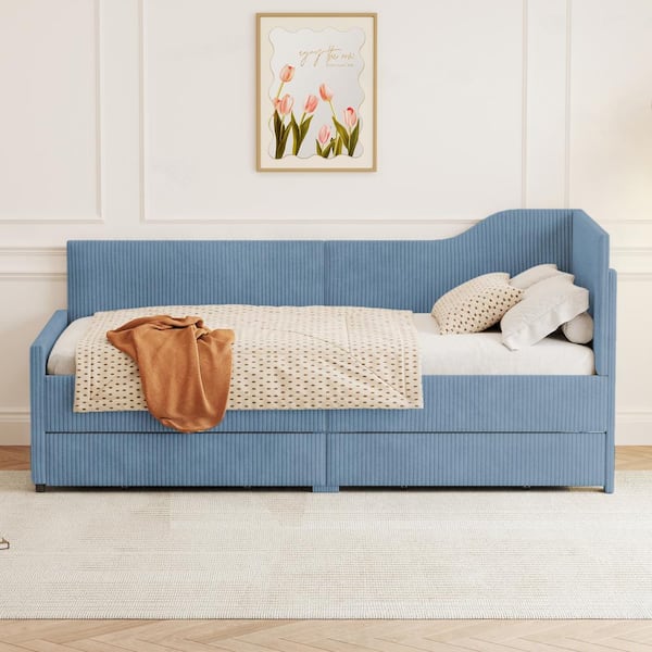 Harper & Bright Designs Blue Twin Size Corduroy Upholstered Daybed with  2-Drawers and L-Shaped Backrest LHC132AAC - The Home Depot