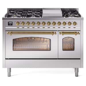 Nostalgie II 48 in. 8-Burner Plus Griddle Double Oven Natural Gas Dual Fuel Range in Stainless Steel with Brass Trim