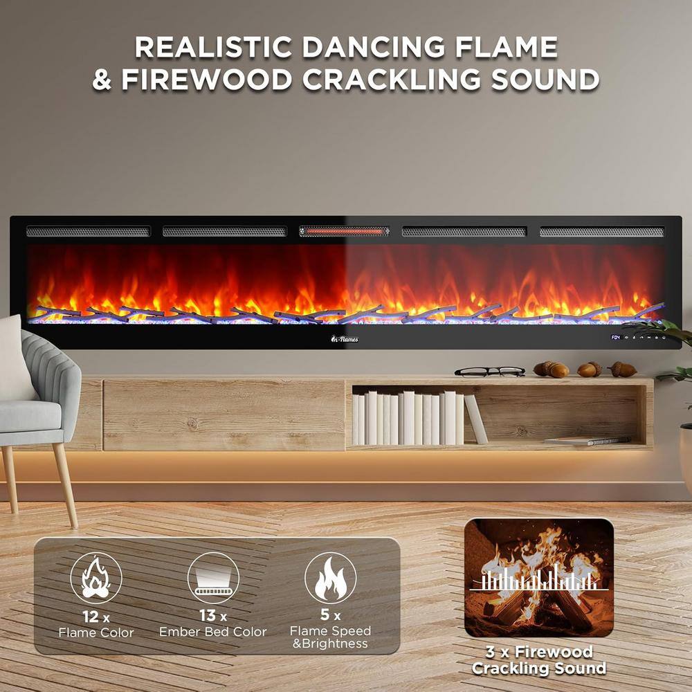 98-Inch Black Smart Wi-Fi Infrared Electric Fireplace with Remote Control