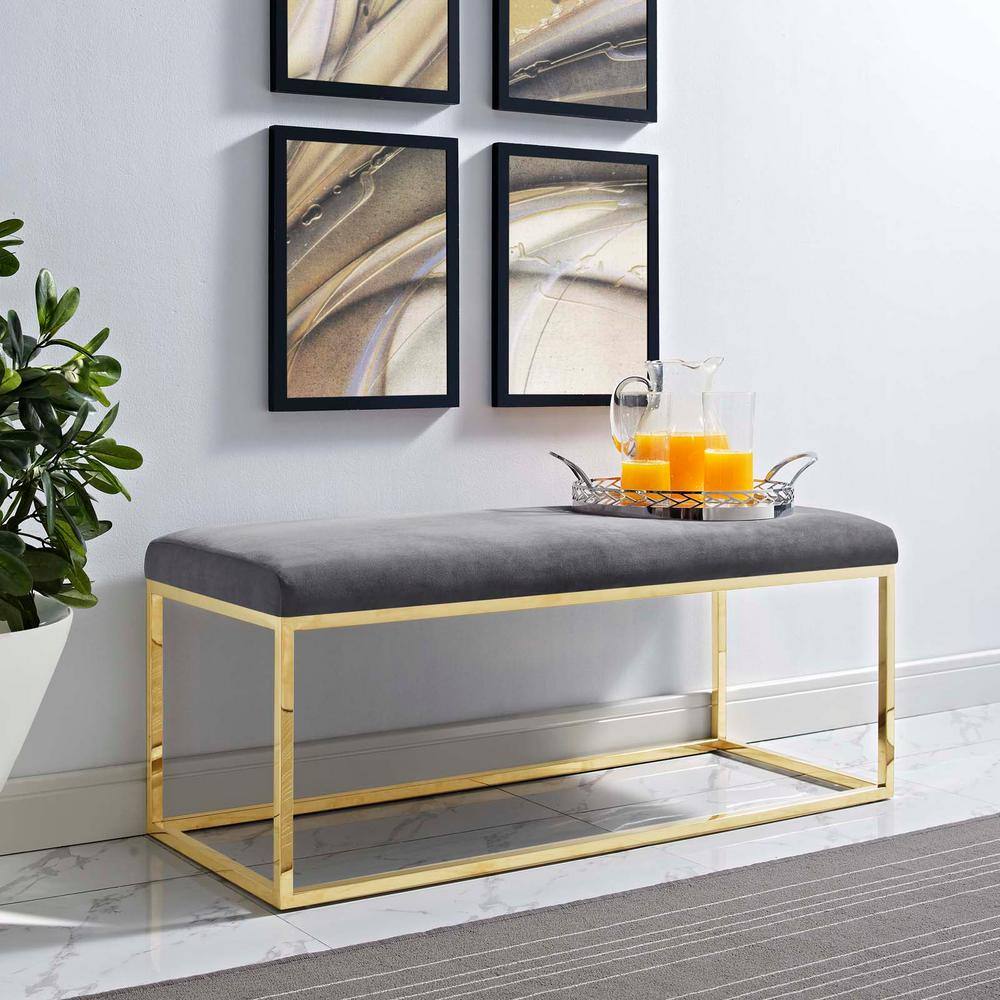 Elegant 43.5'' Gold and Gray Velvet Bedroom Bench with Stainless Steel Base