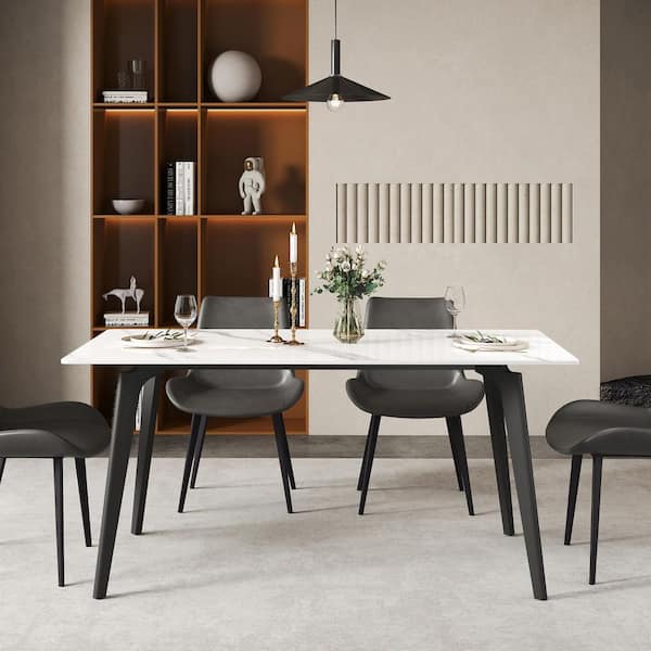 J&E Home White Rectangle Marble 62.99 in. Pedestal Living Room Dining Table with Black Stainless Steel Leg Seats 6