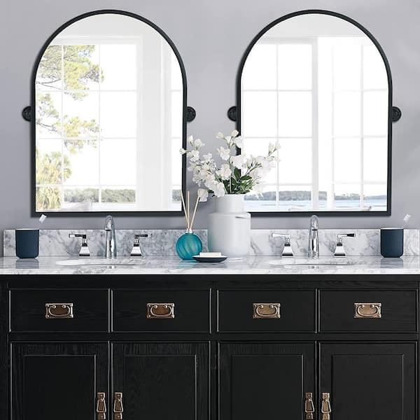 24 in. W x 36 in. H Arched Metal Framed Pivoted Modern Black Wall Bathroom Vanity Mirror 2 PCS