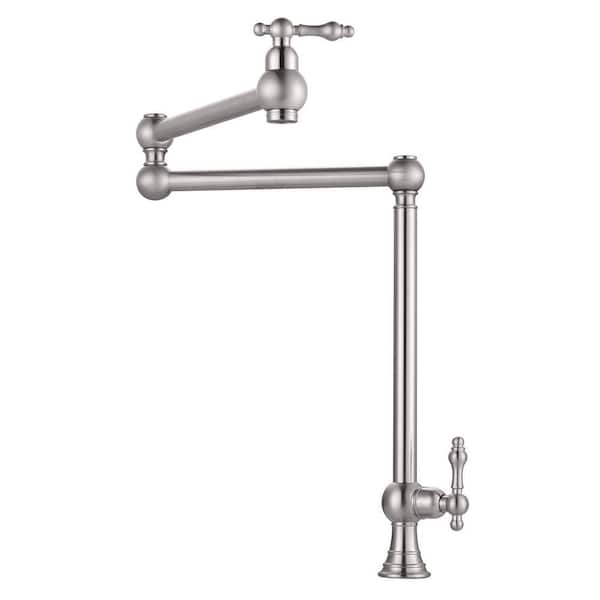 Deck Mounted Brass Pot Filler Folding Faucet Over Stove with Double Handle Swing Arms in Brushed Nickel