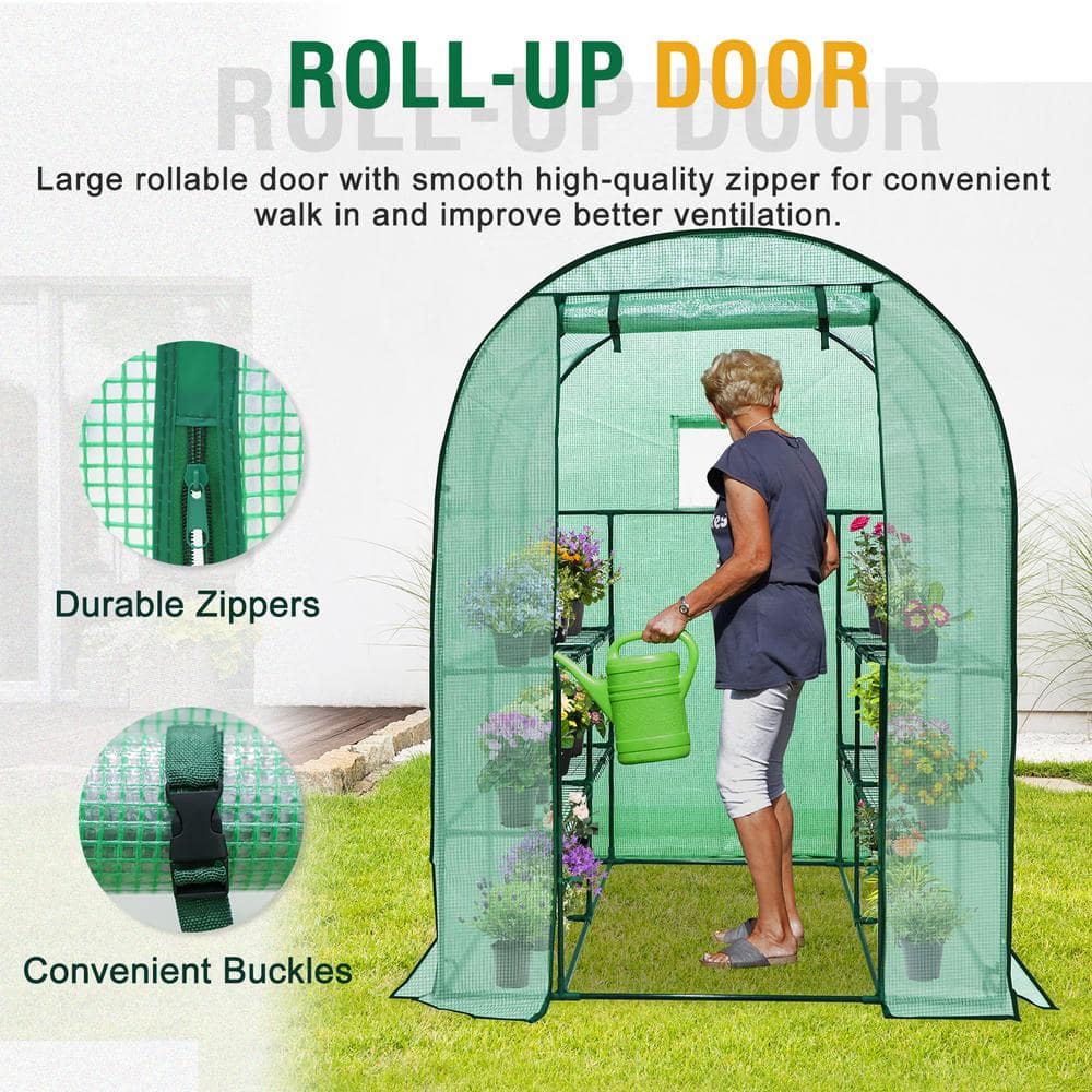 Green Walk-In 3-Tier 8-Shelf Gardening Greenhouse with Mesh Windows