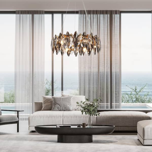 Glam 6-Light Plated Brass Drum Smoky Gray Crystal Chandelier for Living Dining Room Bedroom Modern Circle Pendant Light
