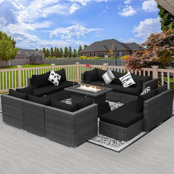 FINCATI Large Gray 13-Piece 12-Seats Wicker Patio Fire Pit Sofa Set with Black Cushions Ottomans and 43 in. Fire Pit Table