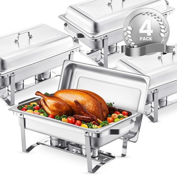 Chafing Dish Buffet Set, 8 qt. 4-Pack, Silver, Stainless Steel Chafing Dishes and Accessories, Round Catering Warmer