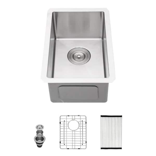 12 in. Undermount Single Bowl 16-Gauge Brushed Nickel Stainless Steel Kitchen Sink with Bottom Grids
