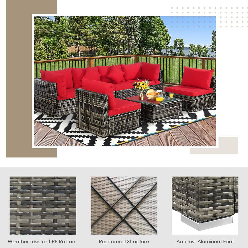 Red 7-Piece Outdoor Wicker Sectional Sofa Set with Cushions