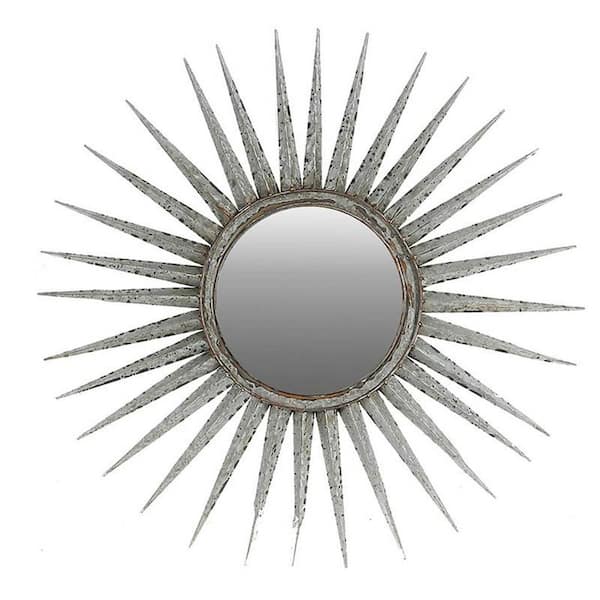 HomeRoots 30 in. W x 30 in. H Antiqued Silver Gray Sunburst Wall Mounted Accent Mirror