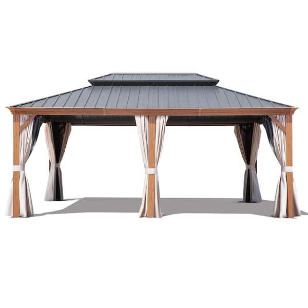 18 ft. x 12 ft. Gray Aluminum Framed Top Double-Tier Hardtop Gazebo With Wood Grain Legs for Backyard