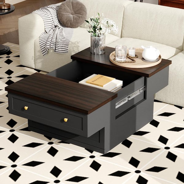 31.5 in. Gray Square Wood Coffee Table with Sliding Walnut Top, Hidden Storage, 2-Drawers, Mid-Century Vintage Style