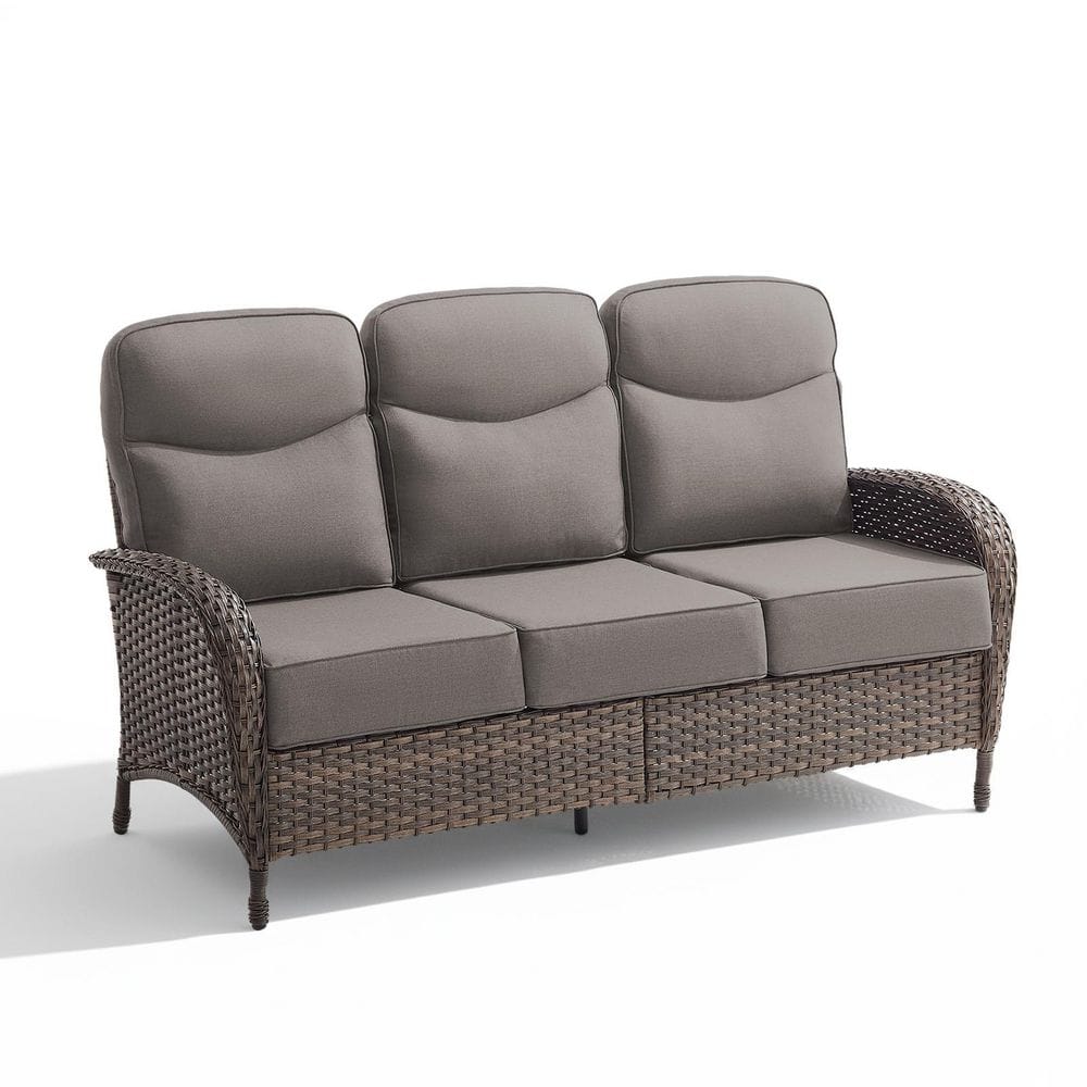 High Crescent 3-Person Seat Brown Wicker Patio Outdoor Sofa Loveseat with Gray Cushions price history on PriceWatchPro