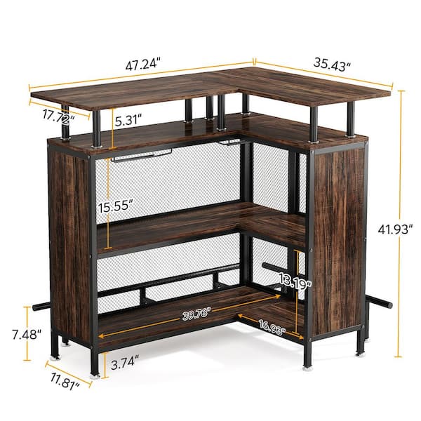 BYBLIGHT Kearsten Brown L-Shaped Home Bar Unit, Liquor Bar Table with Stemware Racks and 2-Tier Shelves