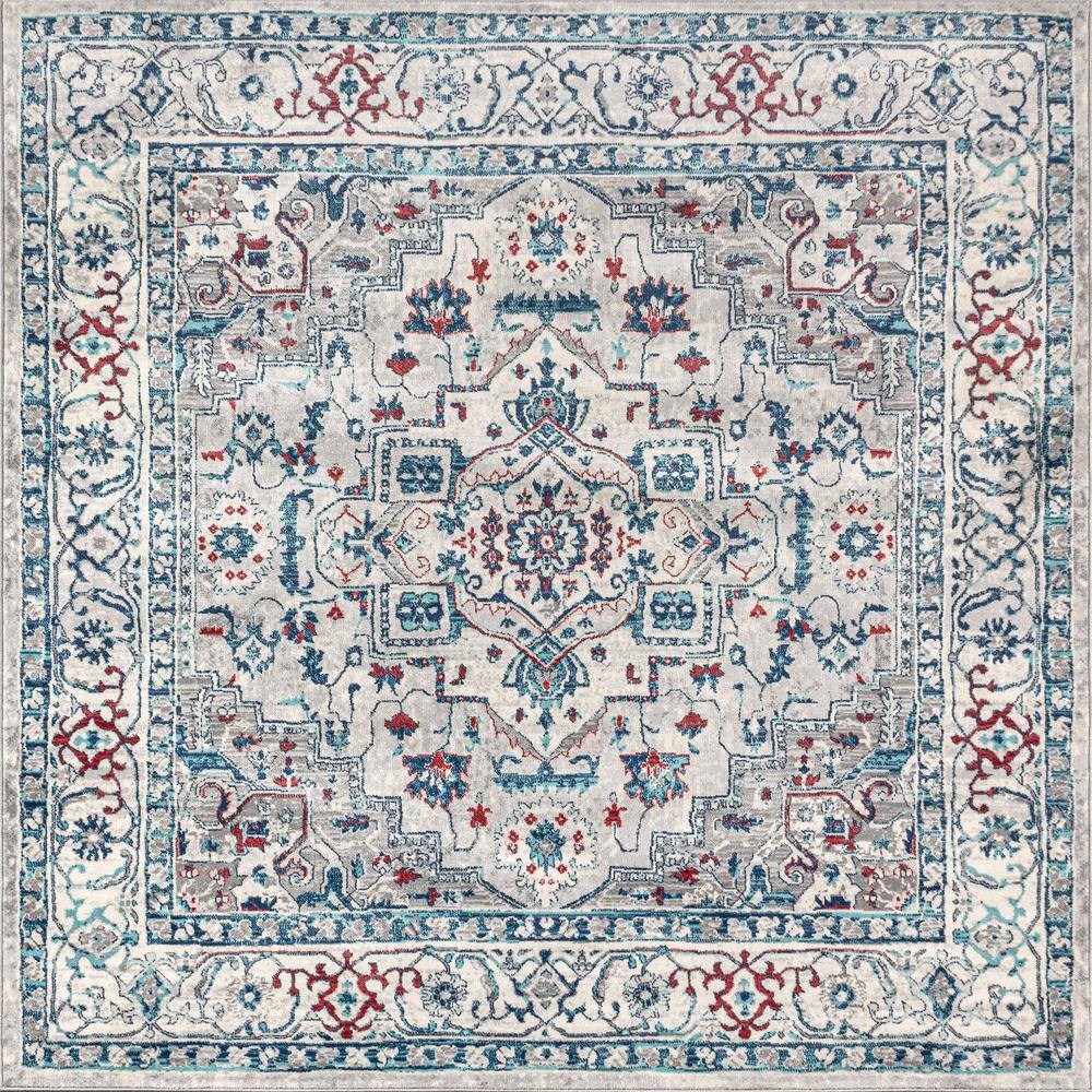 Light Gray and Blue Synthetic Vintage Medallion Rug