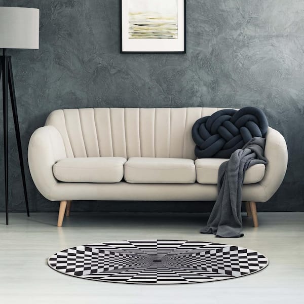 Apollo Optical Illusion Modern Geometric Black Ivory 5 ft. 3 in. Round Area Rug