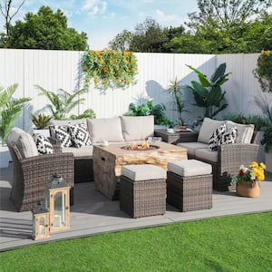 Cute 7-Piece Brown Wicker Patio Conversation Set with Beige Cushions, Ottomans