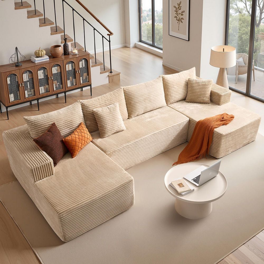 Allwex Varo 134 in. Wide Arm 3-Piece Modern Plush Corduroy U-Shape