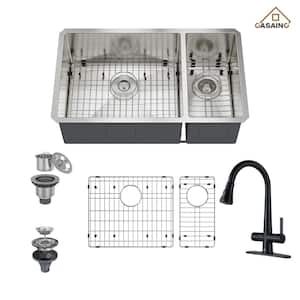 32 in. Undermount Double Bowl 18 Gauge All-in-One Stainless Steel Kitchen Sink with Bottom Grids and Kitchen Faucet