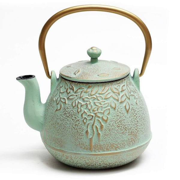4-Cup Vintage Green Enameled Cast Iron Teapot with Stainless Steel Infuser Tea Kettle Stovetop Safe for Brewing Tea