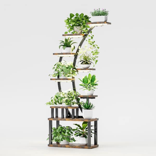63.6 in. H Brown S-Shaped MDF Indoor Plant Stand with 5GrowLights 9 Tiered Tall Plant Shelf 10-Level Stepless Dimming