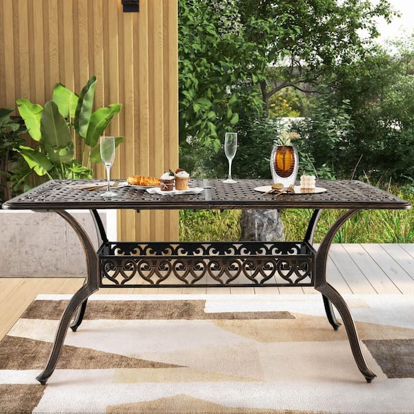 59 in. Rectangular Cast Aluminum Outdoor Dining Table with Umbrella Hole