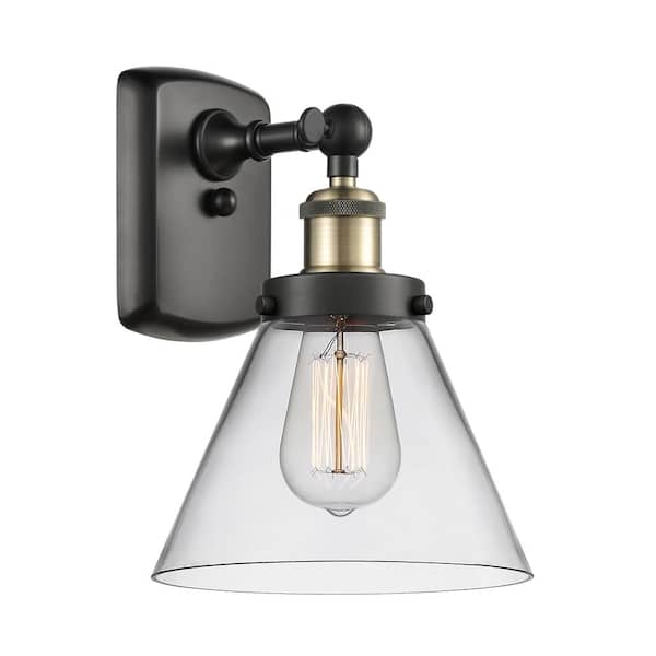 Cone 1-Light Black Antique Brass, Clear Wall Sconce with Clear Glass Shade